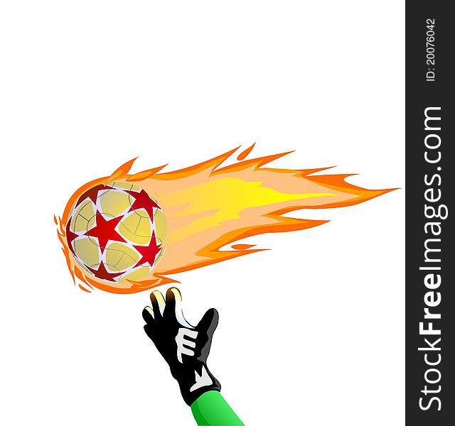 Fiery soccer ball and goalkeeper hand on the white background, illustration. Fiery soccer ball and goalkeeper hand on the white background, illustration