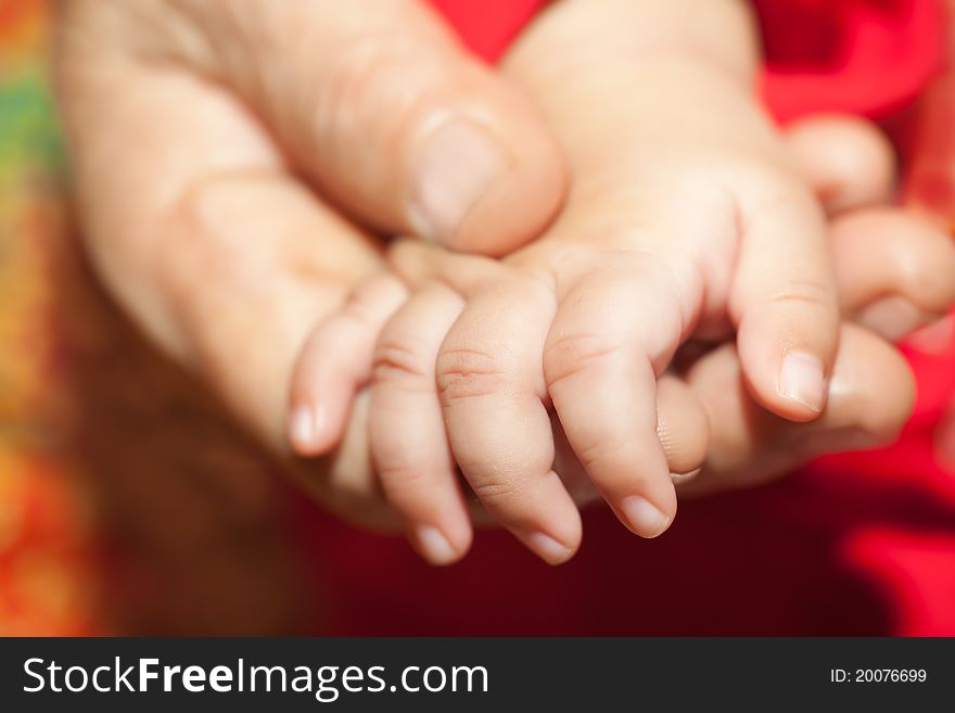 Grandmom hand holding her infant hand. Grandmom hand holding her infant hand