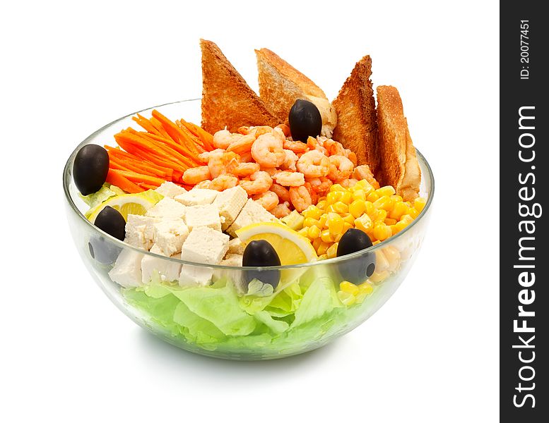 A bowl of fresh salad with prawn, vegetables and toast isolated on white background. A bowl of fresh salad with prawn, vegetables and toast isolated on white background