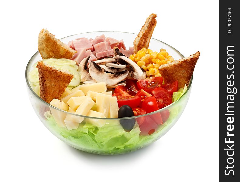 A bowl with fresh vegetables, ham and toasts. A bowl with fresh vegetables, ham and toasts
