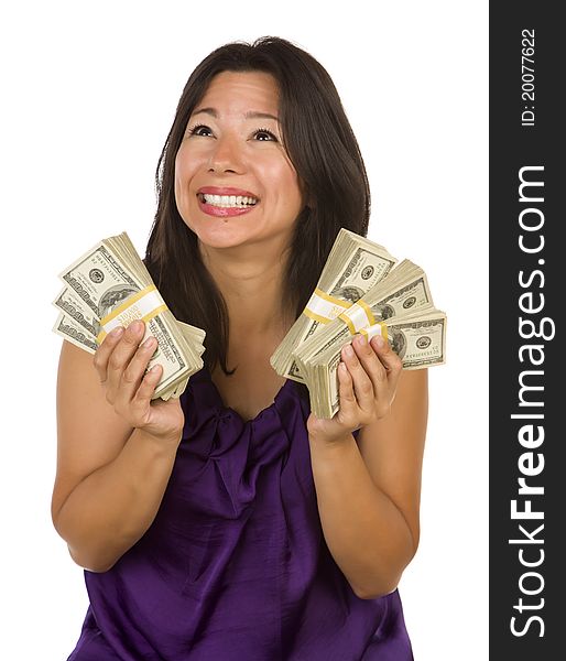 Excited Attractive Multiethnic Woman Holding Hundreds of Dollars Isolated on a White Background. Excited Attractive Multiethnic Woman Holding Hundreds of Dollars Isolated on a White Background.