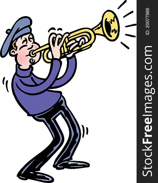 A guy's playing a song on his trumpet.