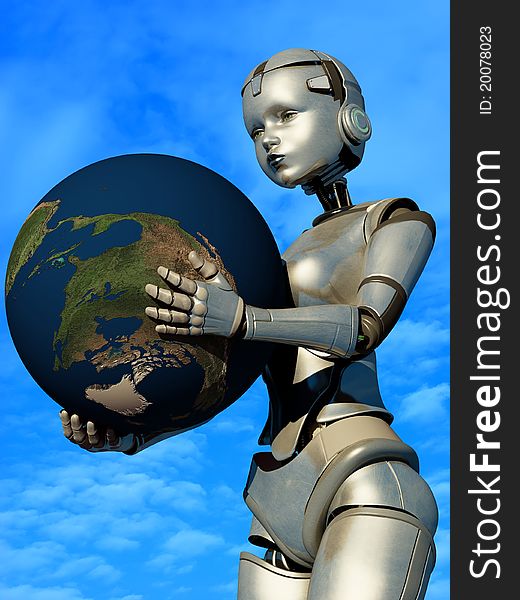 The robot with a globe in his hands. The robot with a globe in his hands.