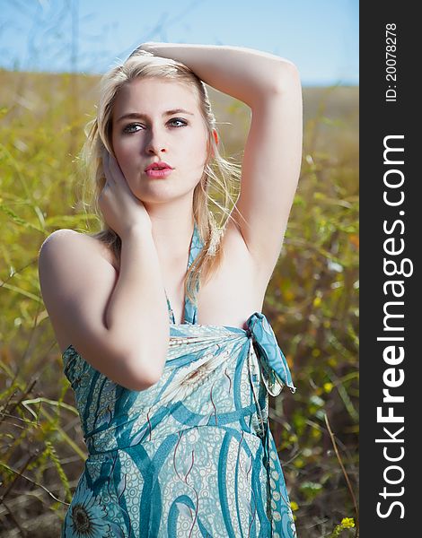 Pretty blonde model in field wearing blue dress. Pretty blonde model in field wearing blue dress