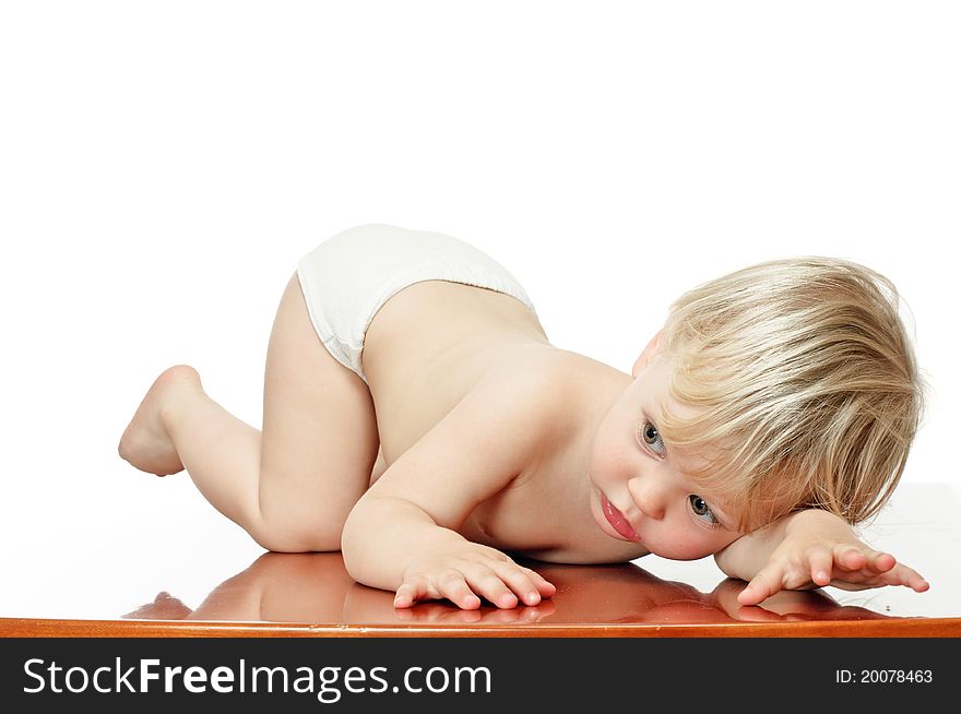 Two-haired two years old baby on white background. Two-haired two years old baby on white background