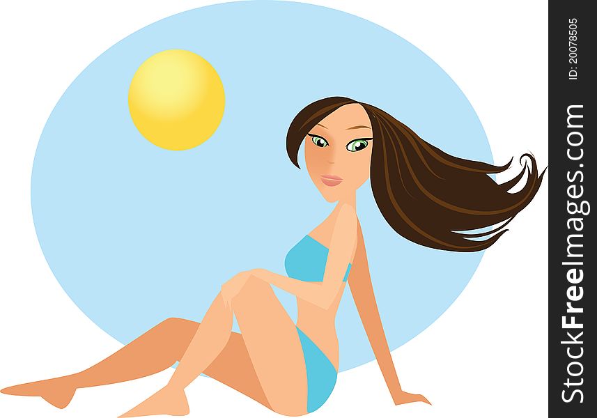 Editable vector illustration of girl on the sunny beach. Editable vector illustration of girl on the sunny beach