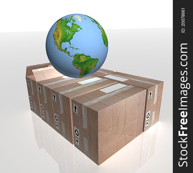 3D-rendering of a globe on cartons