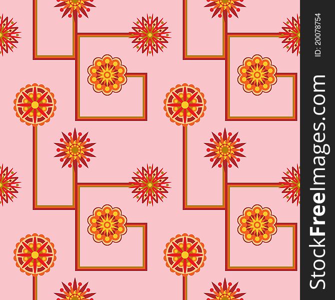A retro style seamless wallpaper pattern featuring four different kinds of flowers and geometric lines. A retro style seamless wallpaper pattern featuring four different kinds of flowers and geometric lines.