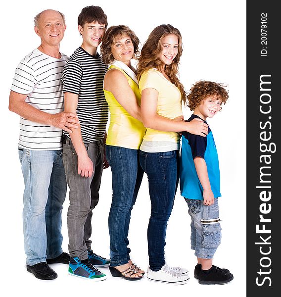 Attractive, happy caucasian american family isolated against white background..
