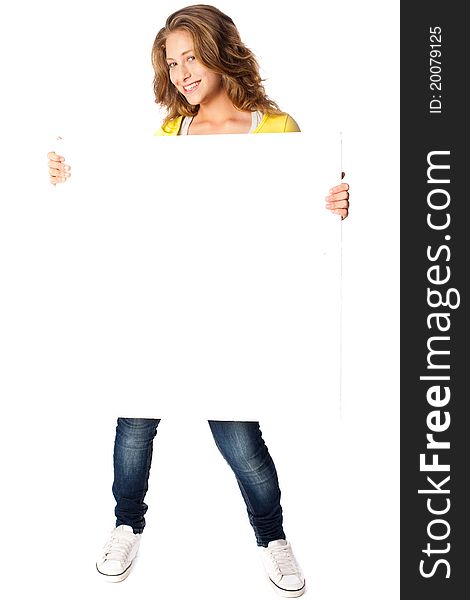 Beautiful woman holding empty white board isolated on white background.