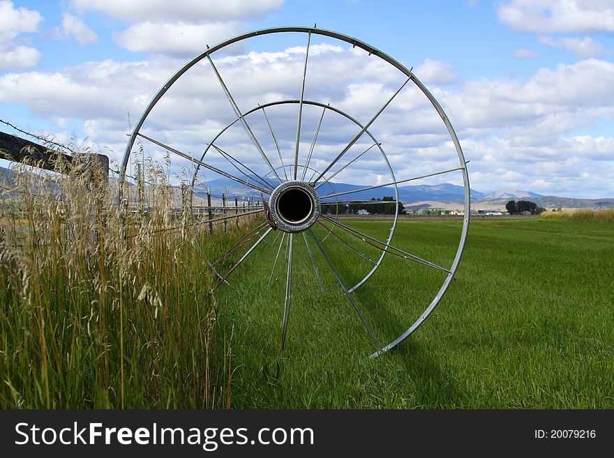 Wheeled irrigation pipe in a green field