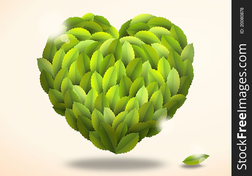 Heart made from green leaves on vintage background - illustration. Heart made from green leaves on vintage background - illustration