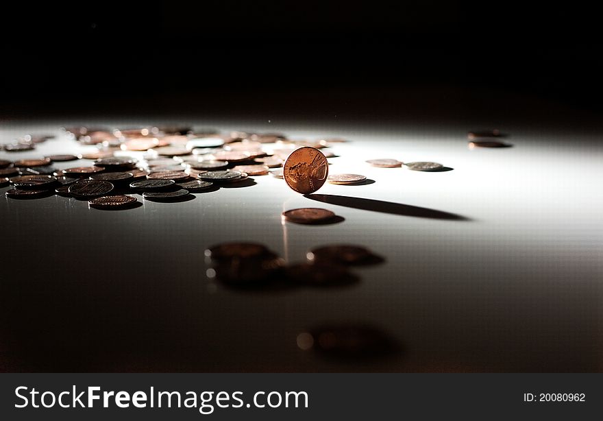 Lot of pennies on table. Lot of pennies on table