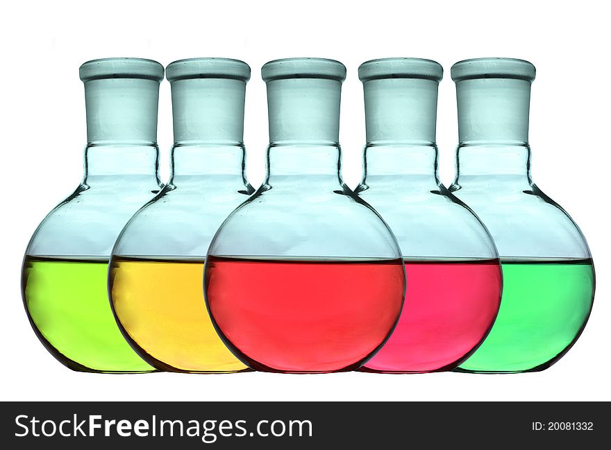 Liquid colorful of Laboratory glassware isolated on white