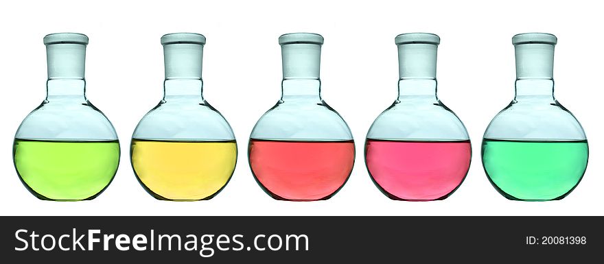 Liquid colorful of Laboratory glassware isolated on white