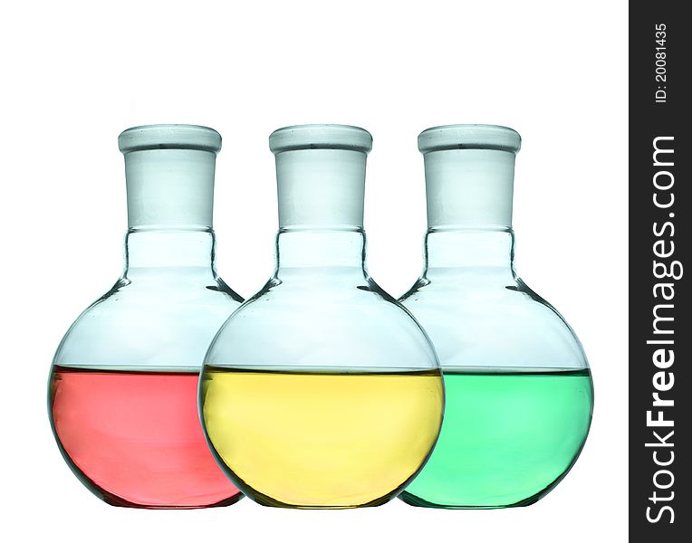 Liquid colorful of Laboratory glassware isolated on white