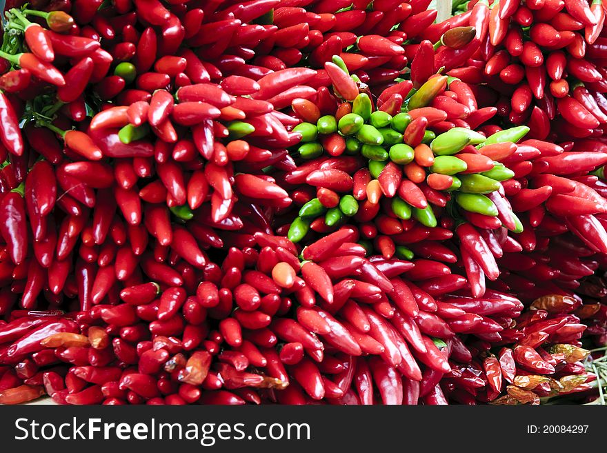 Many chilli peppers at the market