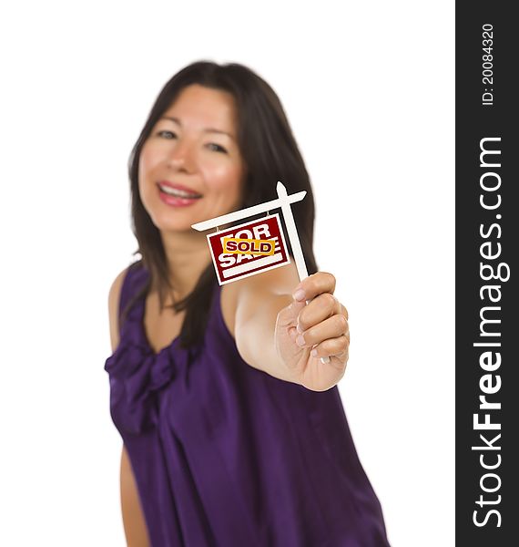 Multiethnic Woman Holding Sold Real Estate Sign