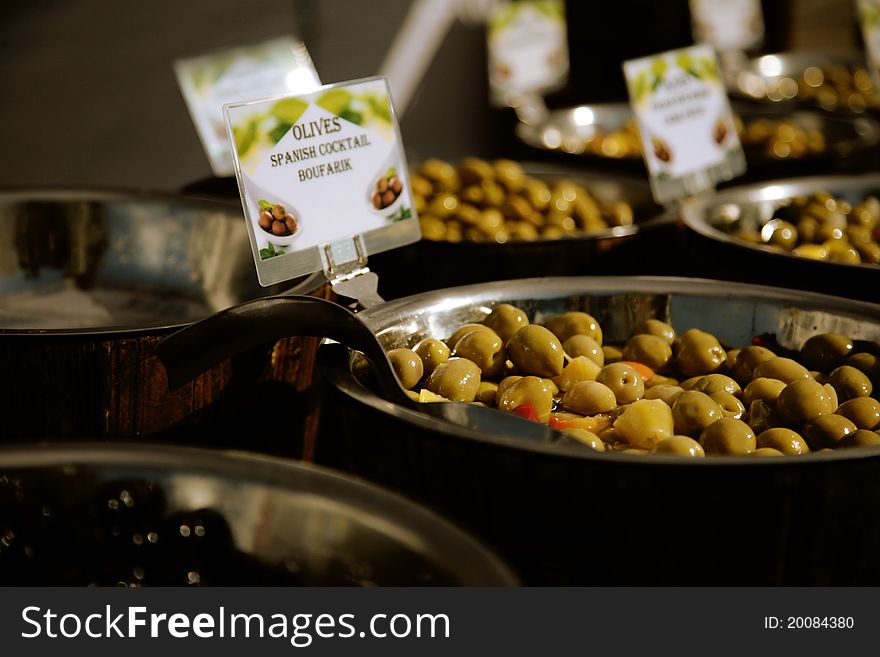 Green olives for sale in the market