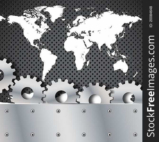 Metal plate and gears world map background