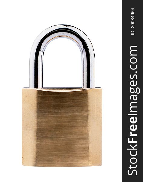 Brass locked padlock isolated on white with clipping path. Brass locked padlock isolated on white with clipping path