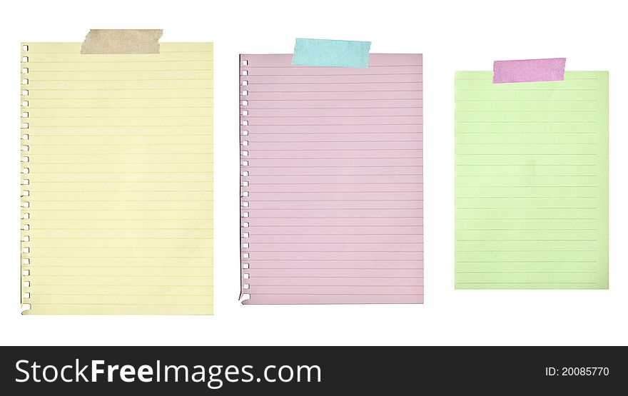 Collection of blank paper stuck with tape isolated on white