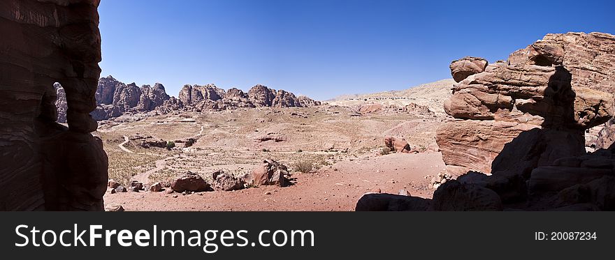 Panorama of the Caves of Petra and the near desert in Jordan. Panorama of the Caves of Petra and the near desert in Jordan.