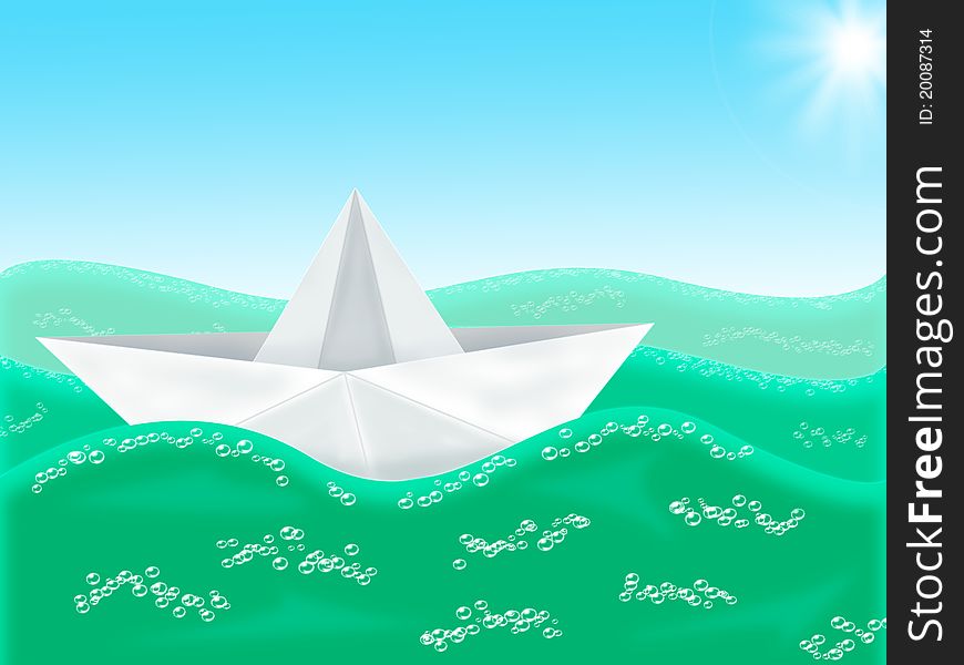 White boat of paper in the turquoise sea. White boat of paper in the turquoise sea