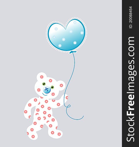 White bear toy with a blue balloon: illustration on a grey background. White bear toy with a blue balloon: illustration on a grey background