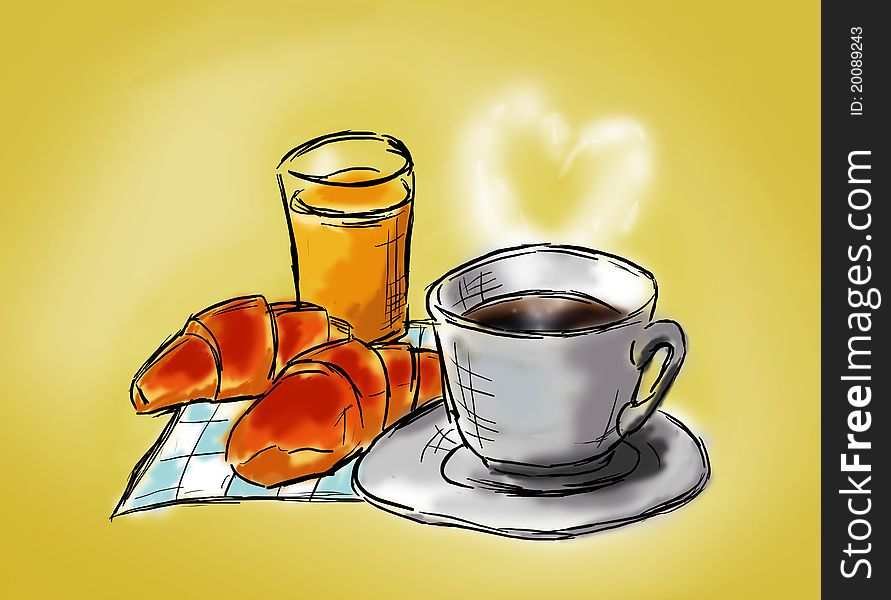 Morning coffee, orange juice and croissant. Morning coffee, orange juice and croissant
