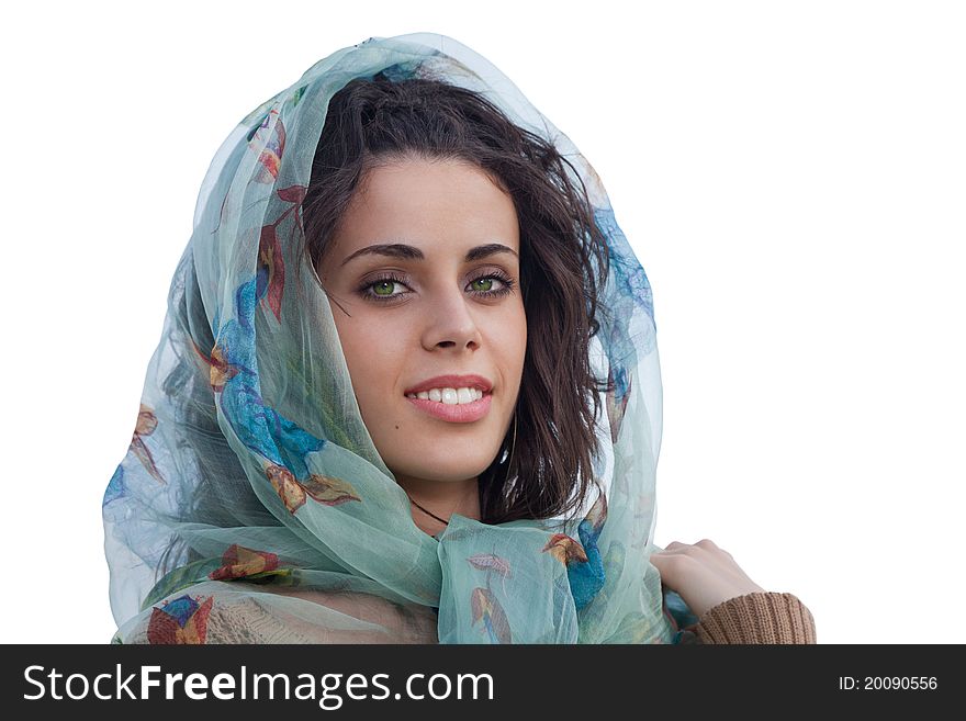 Green-eyed woman with headscarf