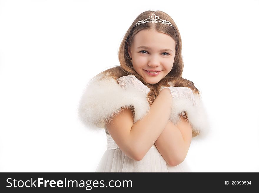 Closeup portrait of young blond little girl standing isolated on white background. Closeup portrait of young blond little girl standing isolated on white background