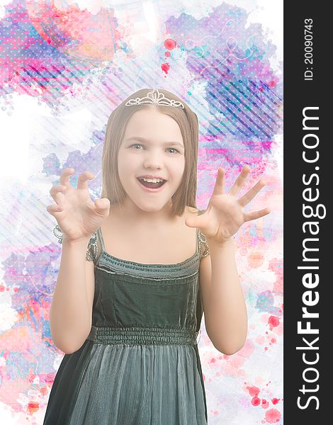 Young little kid in long dress wearing artistic crown with teeth dental braces and isolated over white background. Young little kid in long dress wearing artistic crown with teeth dental braces and isolated over white background