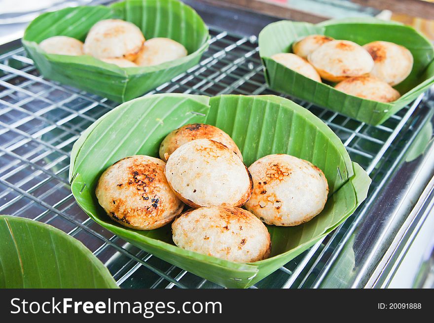 Thai traditional coconut milk dessert on banana leaf