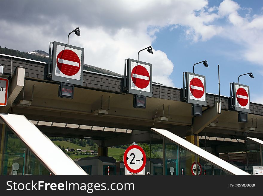 No entry traffic signs at a toll booths