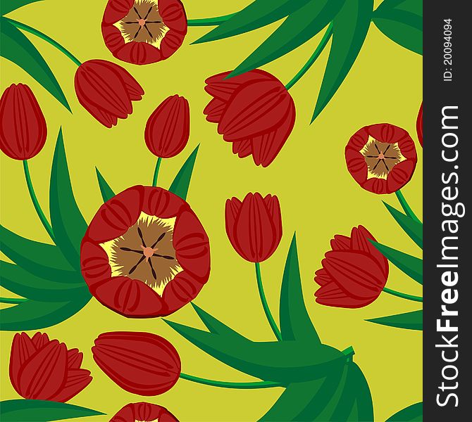 Seamless background with tulips on yellow