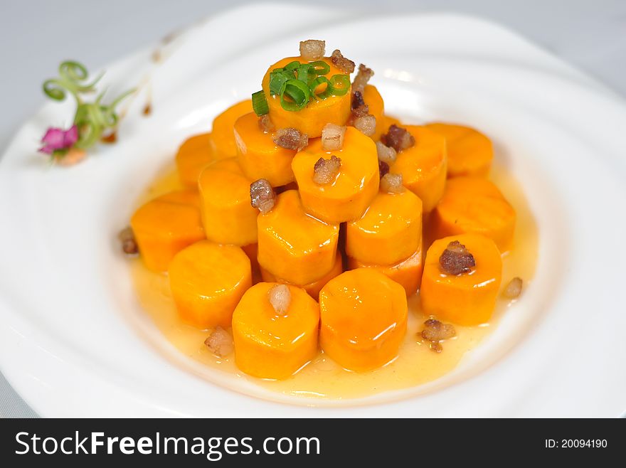 Chinese food - pumpkin salad  in white plate