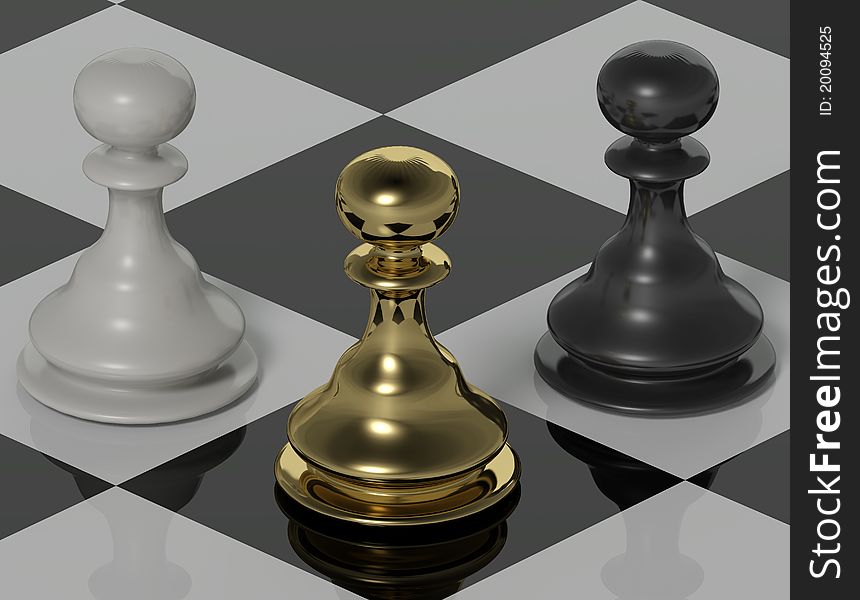 Computer generated Image three dimensional chessboard three  pawns. Computer generated Image three dimensional chessboard three  pawns