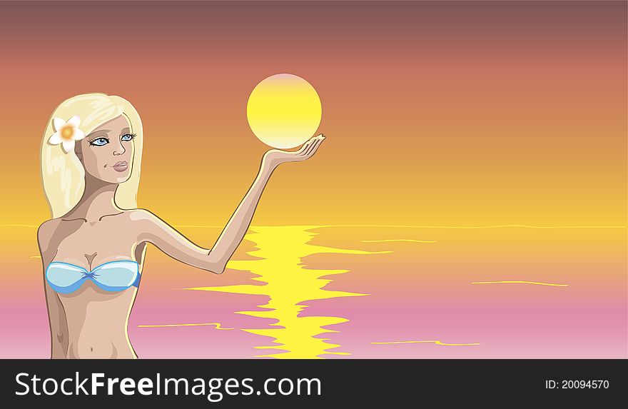 Girl on the beach at sunset holding the sun