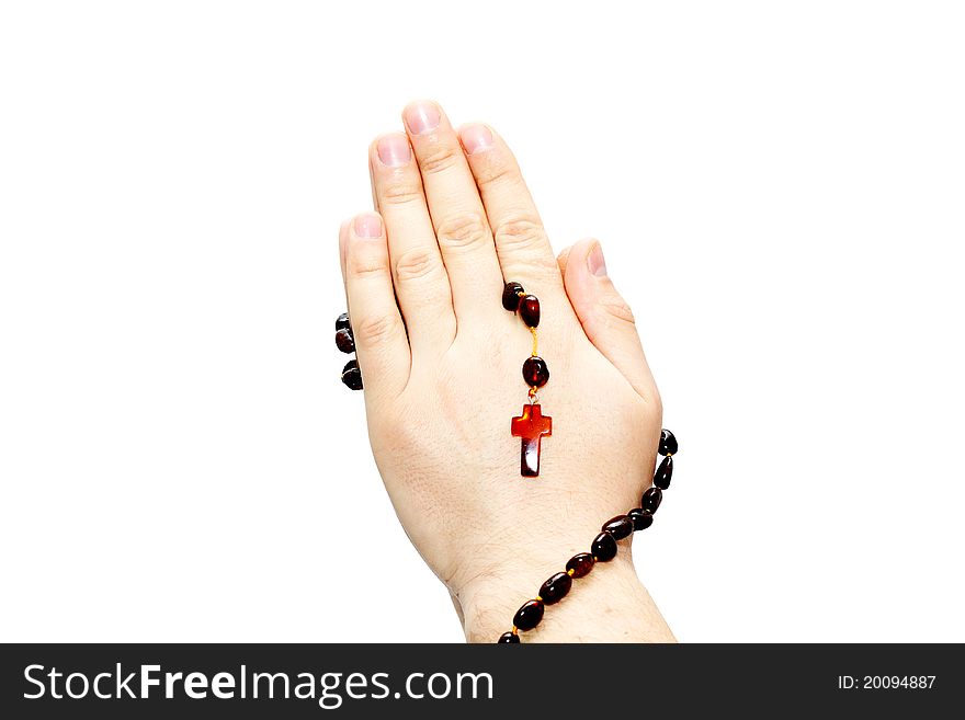 Hands with rosary isolated on white