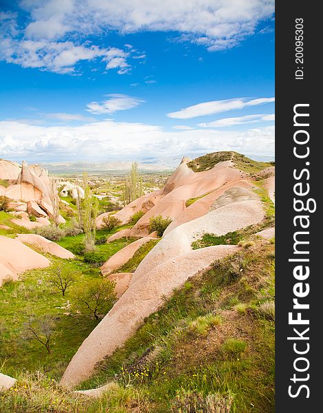 Spring landscape at Fairy Chimneys of Cappadocia, Turkey.