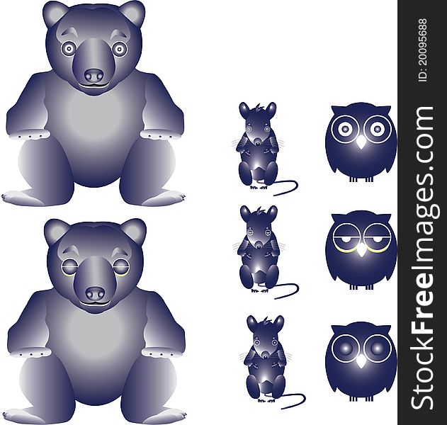 Figurines Bear, mice and owls made in the gradient. Figurines Bear, mice and owls made in the gradient