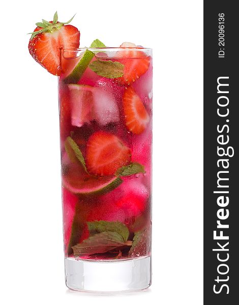 Cocktail with lime, mint and strawberry on white background. Cocktail with lime, mint and strawberry on white background