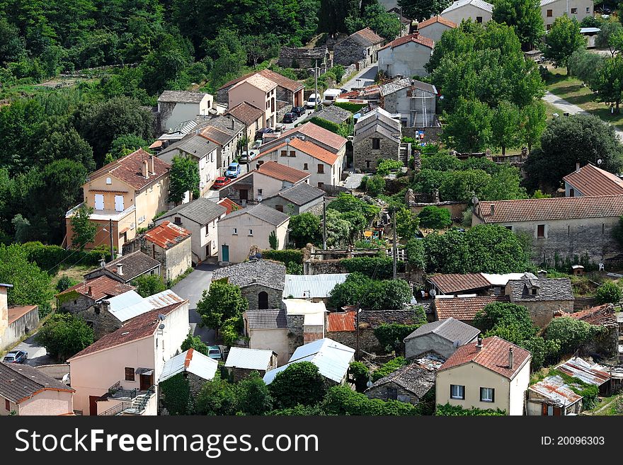 Small village in France, Europe with clustered houses, top view. Small village in France, Europe with clustered houses, top view.