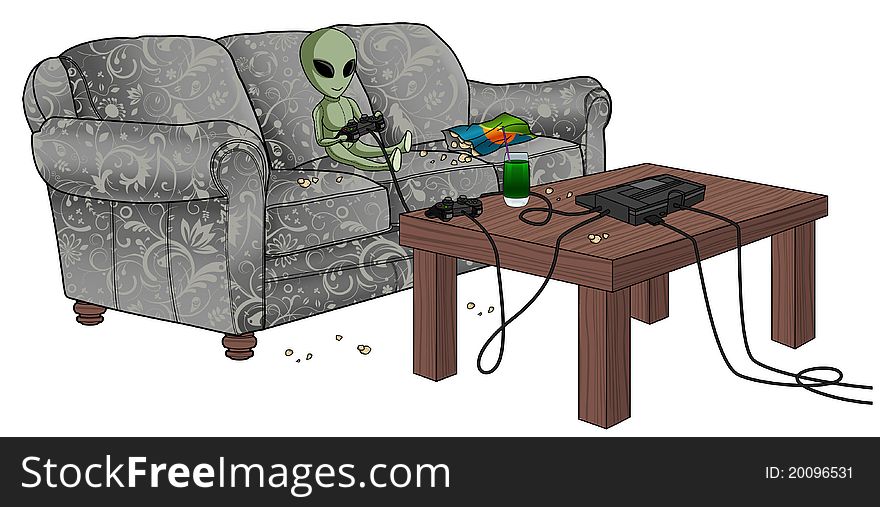 Bored grey alien playing console video games in a messy room. Bored grey alien playing console video games in a messy room