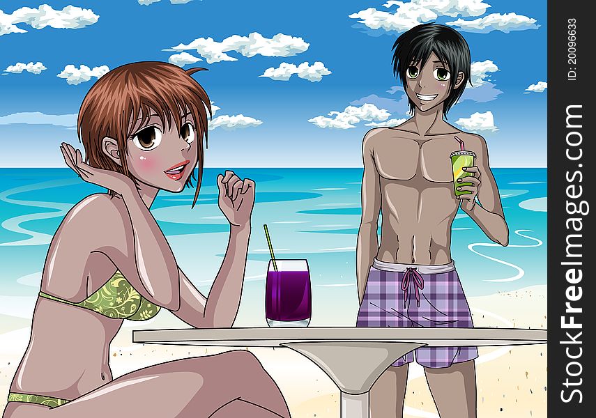 Girl In Bikini And Boy With Drinks