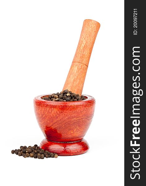 Wooden mortar, pestle,and pepper