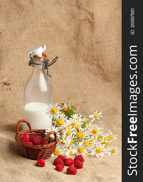 Composition with fresh ripe raspberries, bottle of milk and camomile flowers on sacking. Composition with fresh ripe raspberries, bottle of milk and camomile flowers on sacking