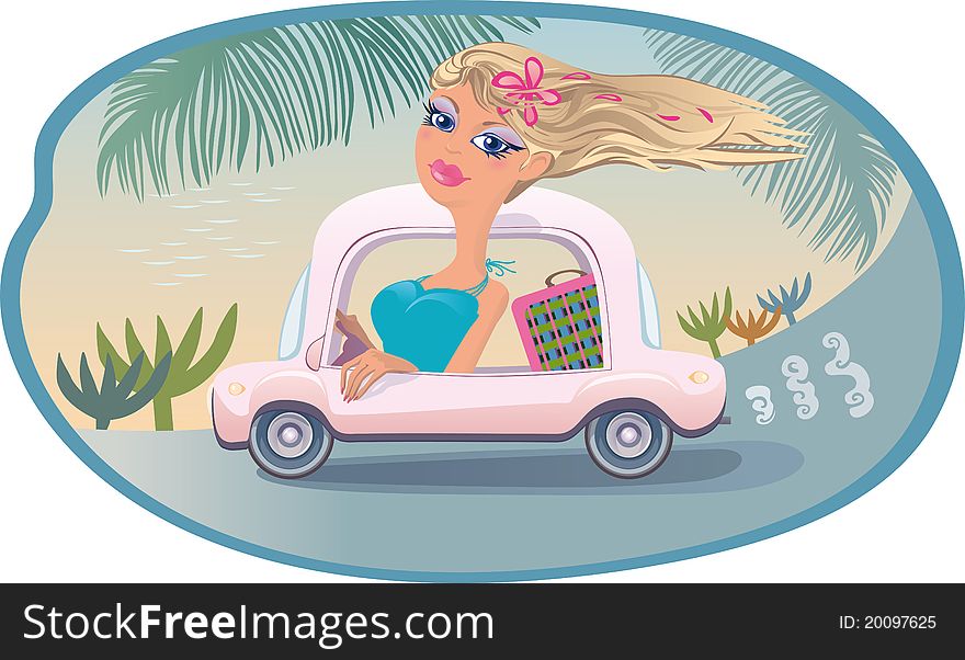 Delicate blonde traveling in his car. Summer by the sea. Delicate blonde traveling in his car. Summer by the sea.