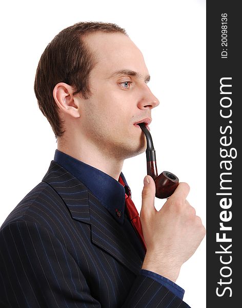 Studio photo of young attractive man with tube, isolated on white background